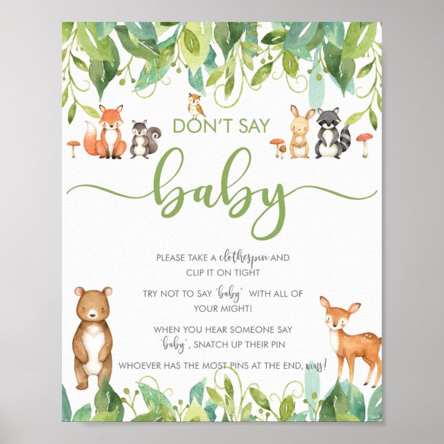 Säg inte "Baby Shower Game Woodland Greenery Sign" Poster (Framsidan)