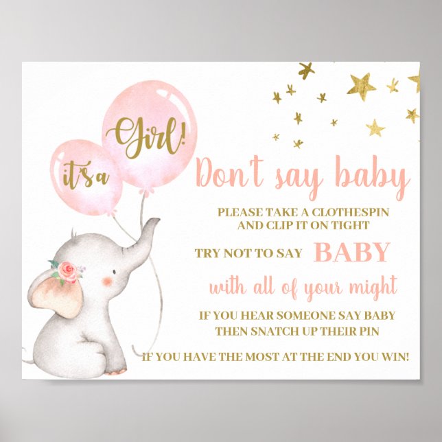 Säg inte "Baby Shower Girl rosa Elephant"-skylt Poster (Framsidan)
