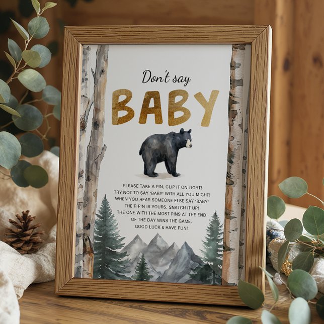 Säg inte Baby-spelsignatur | Woodland Bear Äventyr Poster (Don't Say Baby - Baby Shower Activity Sign)