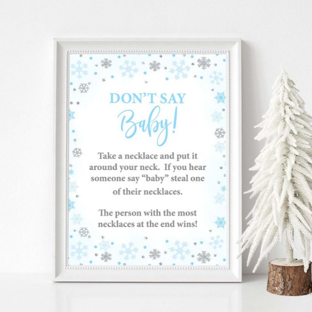 Säg inte Baby Winter Blue Shower Game Sign Poster (Don't Say Baby Winter Baby Shower Game Sign, Blue & Silver Glitter Snowflakes, Necklace Version)
