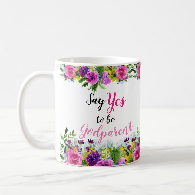 Säg ja för att vara Rosa Blommigt Godparent Frieri Kaffemugg (Vänster)