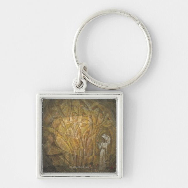 Saga Fyrkantig Silverfärgad Nyckelring (Framsidan)