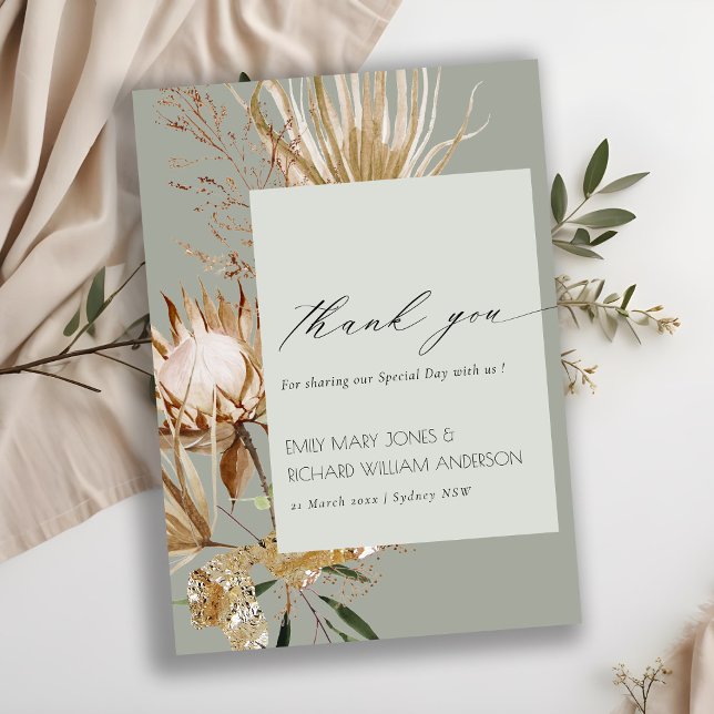 Saga Grönt Boho Protea Torkad Handflatan Blommigt  Tack Kort (Skapare uppladdad)