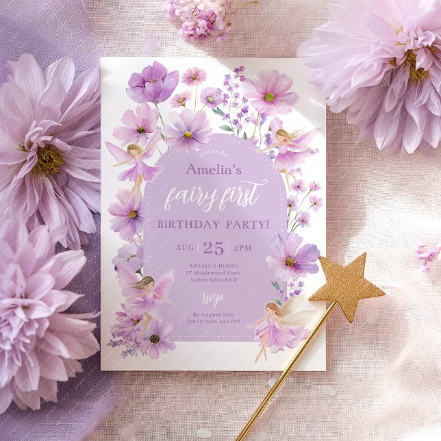 Sagan 1-års födelsedag Sagan Lila Flickor Party Inbjudningar (Fairy First Purple Invitation)