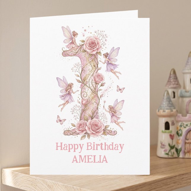 Sagan Första födelsedag Rosa Nummer Ett Flickas 1: Kort (Fairy First Birthday Card - personalise with child's name, greeting and date of 1st birthday)