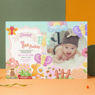Sagan Första Rosa Foto Fjäril 1-årsdag Inbjudningar