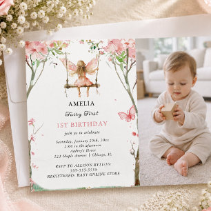 Sagan Första Vattenfärg Blommig Flicka 1-årsdag Inbjudningar