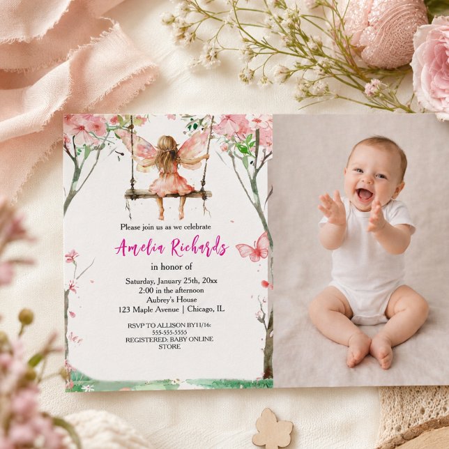 Sagan Första Vattenfärg Blommig Flicka 1-årsdag Inbjudningar (Fairy First Watercolor Floral Girls 1st Birthday Invitation)
