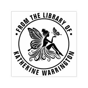 Sagan om älva som håller fjäril bibliotek boknamn självfärgande stämpel