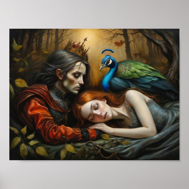 Sagan om den sovande skönheten med påfågel och pri poster (Framsidan)