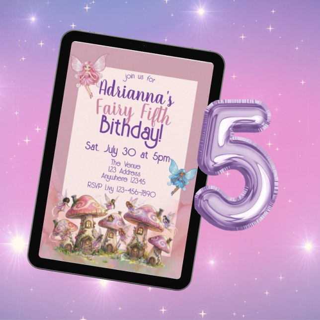 Saganom femte, rosa lila 5-års födelsedag inbjudningar (Skapare uppladdad)