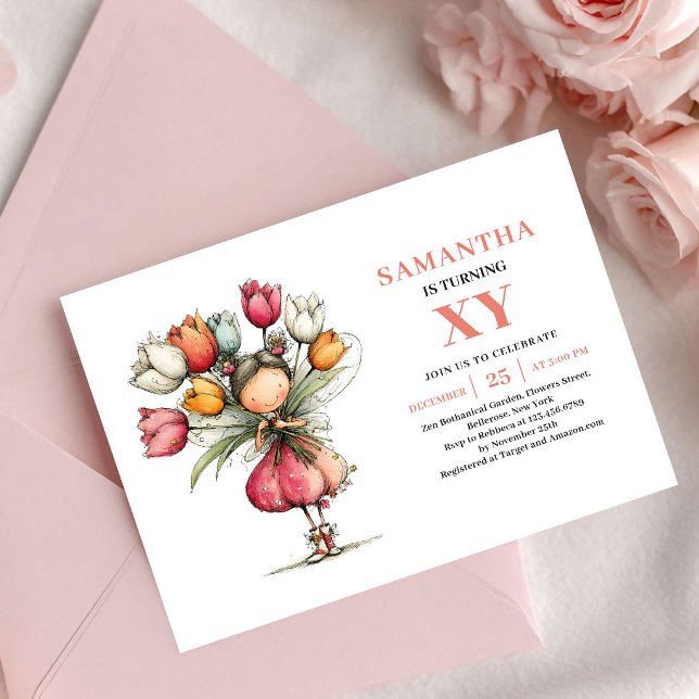 Saganomflicka 4-års födelsedags inbjudan Rosa nyck (Fairy Girl 4th Birthday Whimsy Pink invitation)