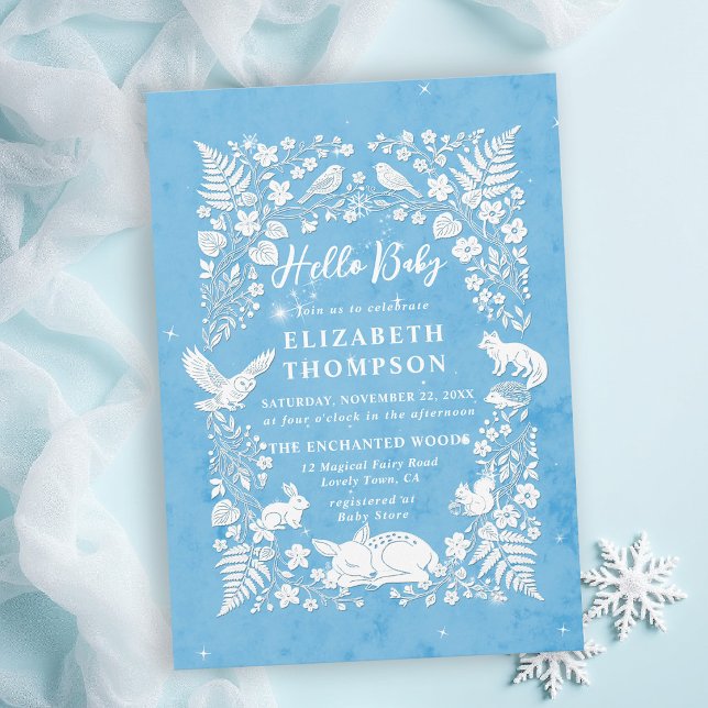 Sagbok för skogslevande djur Vinter Blå Bebis fira Inbjudningar (winter baby shower invitations frost blue white woodland animals storybook enchanted forest)