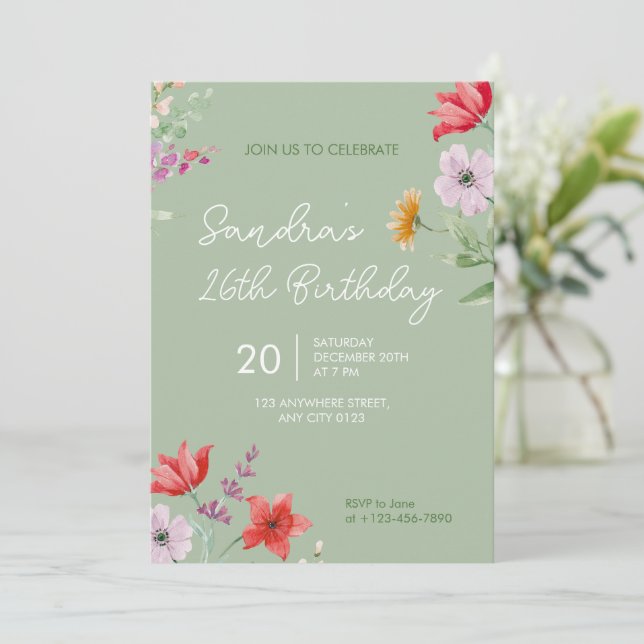 Sage 26th Birthday Invitation Simple floral Inbjudningar (Stående Fram)