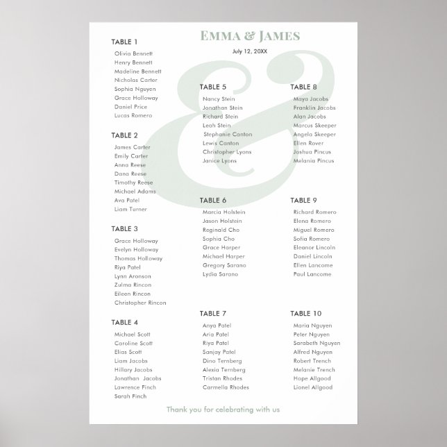 Sage Ampersand Bröllop | 10 Bordsplacering Poster (Framsidan)