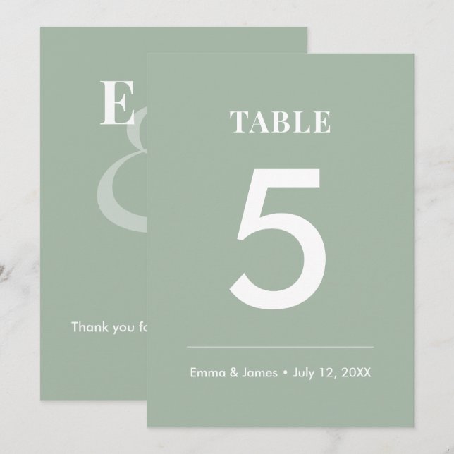 Sage Ampersand Bröllop | Modern Bordnummer Inbjudningar (Fram/baksida)
