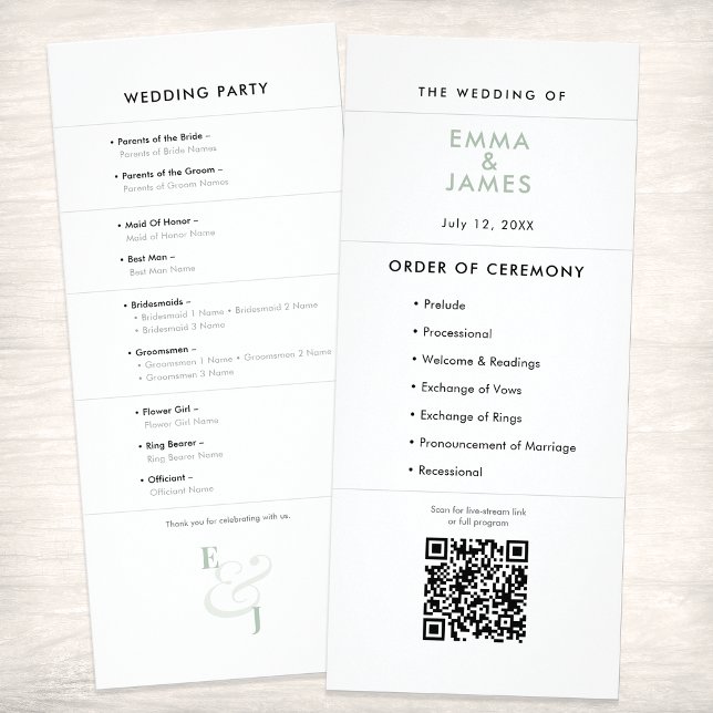 Sage Ampersand Bröllop | Program | QR-kod (A Sage green minimalist wedding program featuring clean typography, signature ampersand and QR code.)
