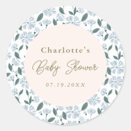 Sage and Dusty Blue Blommigt Baby Shower Anpassnin Runt Klistermärke