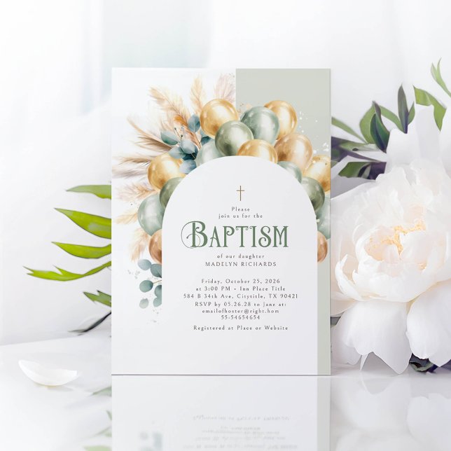 Sage and Guld Boho Arch Eucalyptus Baptism Inbjudningar (Gold and Green Balloons Elegant Baptism Invitations)