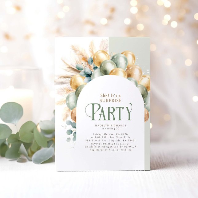 Sage and Guld Boho Arch Surprise Födelsedagsfest Inbjudningar (Surprise Birthday Invitations)