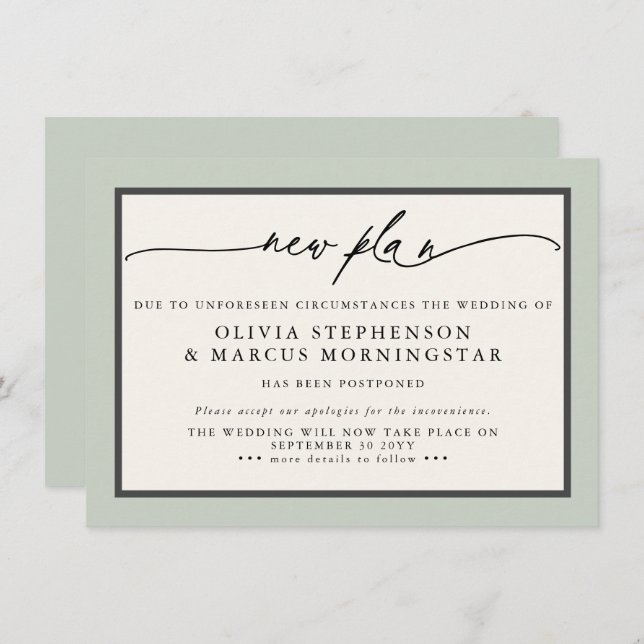 Sage and Ivory - New Plan Modern Post-ponent Event Inbjudningar (Fram/baksida)