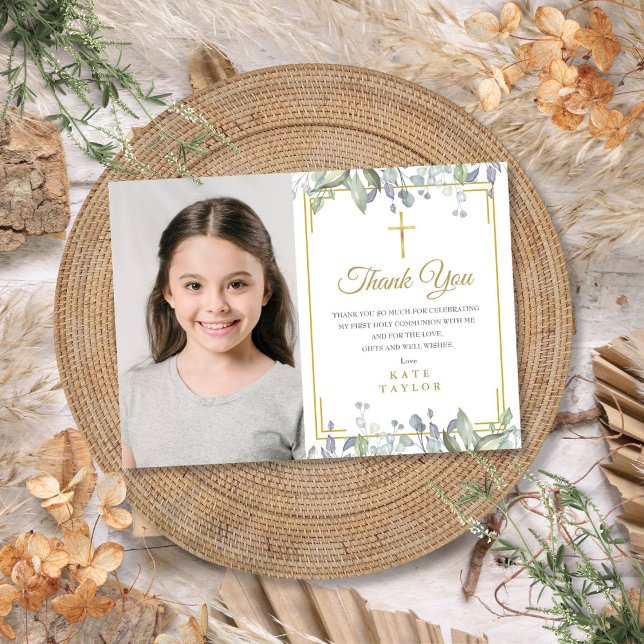 Sage and Lilac Blommigt First Heliga Communion Pho Tack Kort (Sage and Lilac Floral First Holy Communion Photo Thank You Card)