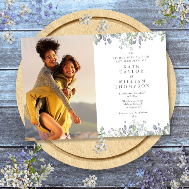 Sage and Lilac Greenery Blommigt Photo Bröllop Inbjudningar (Sage And Lilac Greenery Floral Photo Wedding Invitation)