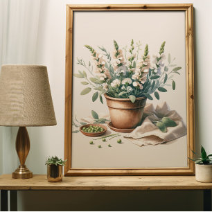 Sage and Sweet Pea Flowers in Clay Pot Wall Art Poster