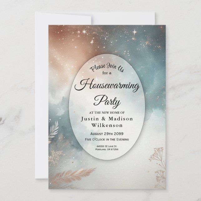 Sage and Terracotta Stardust Skies Housewarming Inbjudningar (Framsida)