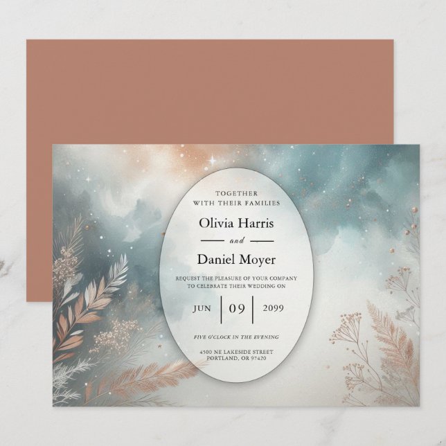Sage and Terracotta Stardust Skies Wedding Inbjudningar (Fram/baksida)