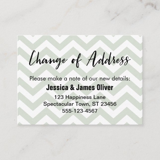 Sage and White Chevron "Change of Adress"-kort Visitkort (Framsida)