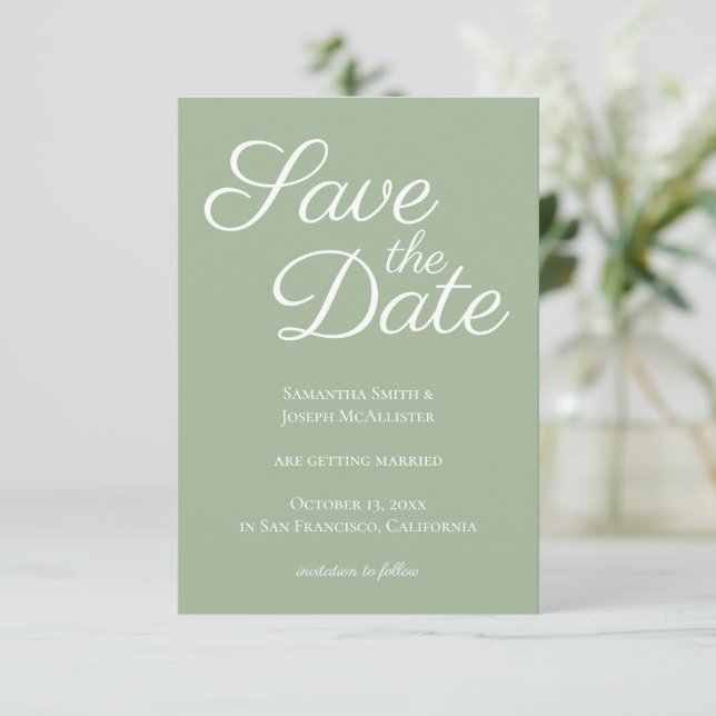 Sage and White Elegant Calligraphy Save the Date Inbjudningar (Stående Fram)