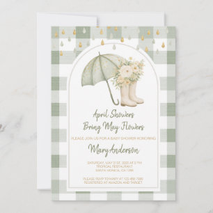 Sage April Showers Green Gingham Baby Shower Inbjudningar