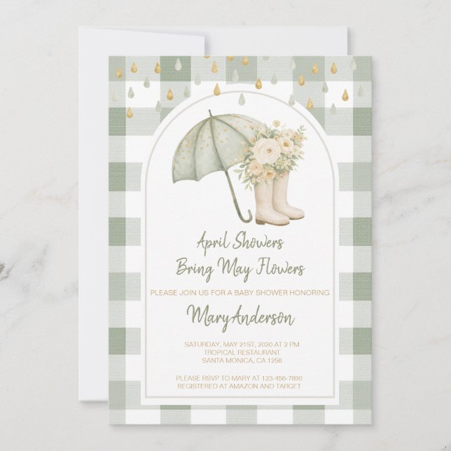 Sage April Showers Green Gingham Baby Shower  Inbjudningar (Framsida)
