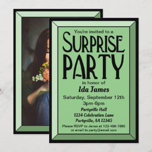 Sage Art Deco Photo Birthday Surprise Party Inbjudningar