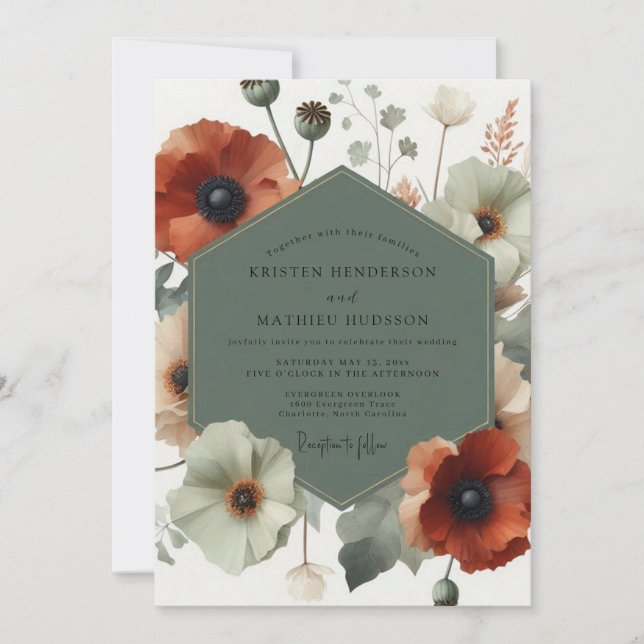Sage Artistic Poppy Wedding Inbjudningar (Framsida)