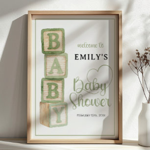 Sage Baby Blocks Baby Shower Välkomstaffisch Poster