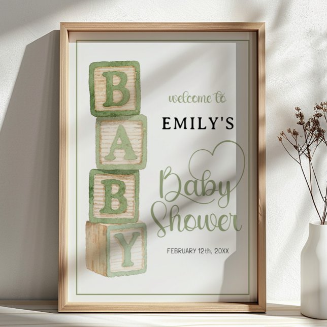 Sage Baby Blocks Baby Shower Välkomstaffisch Poster (Baby Shower Welcome Sign)