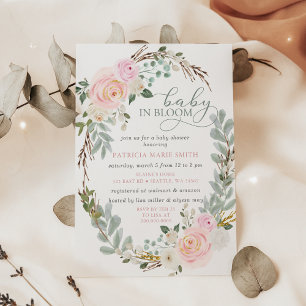 Sage Baby i Bloom Rosa Blommigt Girl Baby Shower Inbjudningar