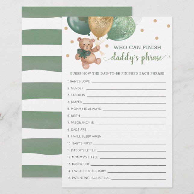 Sage Baby Shower Pappas Fraser spel Teddy Bear  (Fram/baksida)