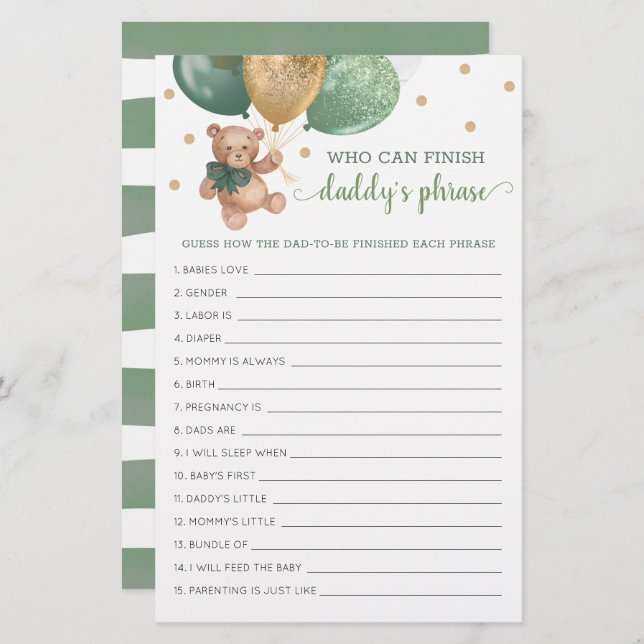 Sage Baby Shower Pappor Phrase Game-Nalle (Fram/baksida)