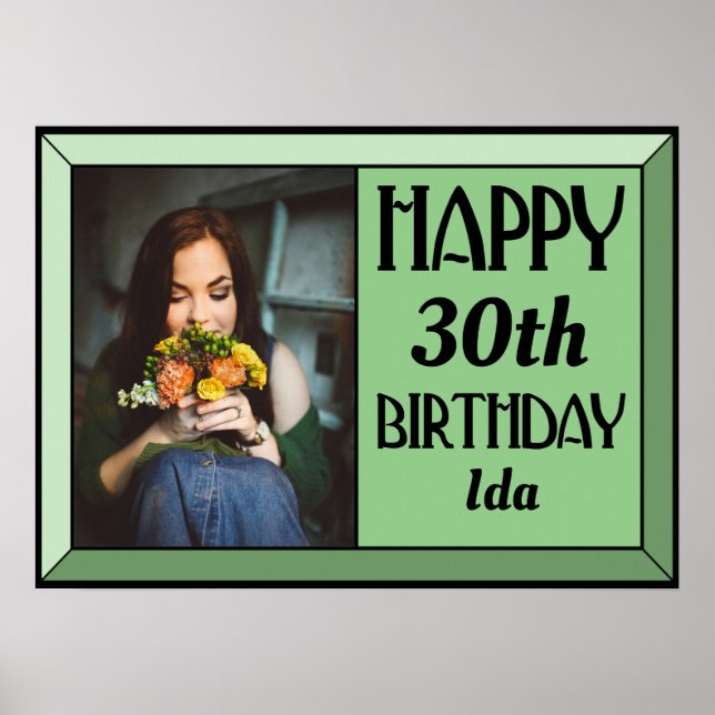 Sage Beveled Art Deco Birthday Photo Poster (Framsidan)