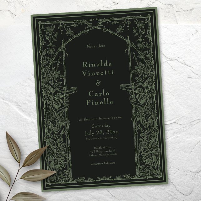 Sage Black Vintage Botanical Trellis Arch Wedding Inbjudningar (Sage Black Vintage Botanical Trellis Arch Wedding Invitation)