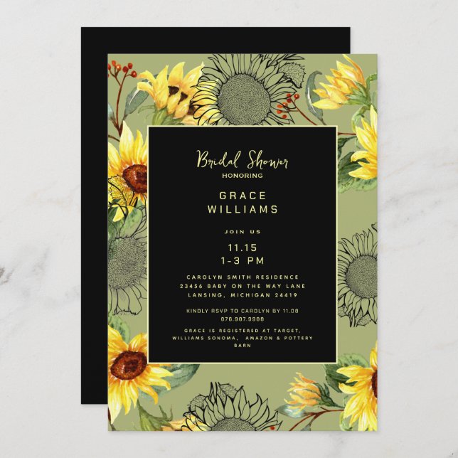 Sage & Black Watercolor Solros Möhippa Inbjudningar (Fram/baksida)