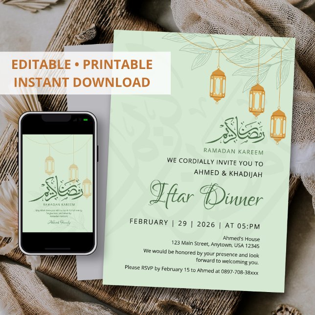 Sage Blommiga Hängande Lykta Ramadan Iftar Middag Inbjudningar (Skapare uppladdad)