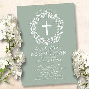 Sage Blommigt Girls First Communion-inbjudan Inbjudningar