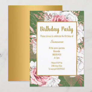 SAGE BLOMMIGT RO BOUQUET BIRTHDAY-INBJUDAN GULD INBJUDNINGAR