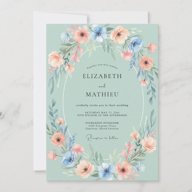 Sage Blossom Oval Flourish Bröllop Inbjudningar (Framsida)