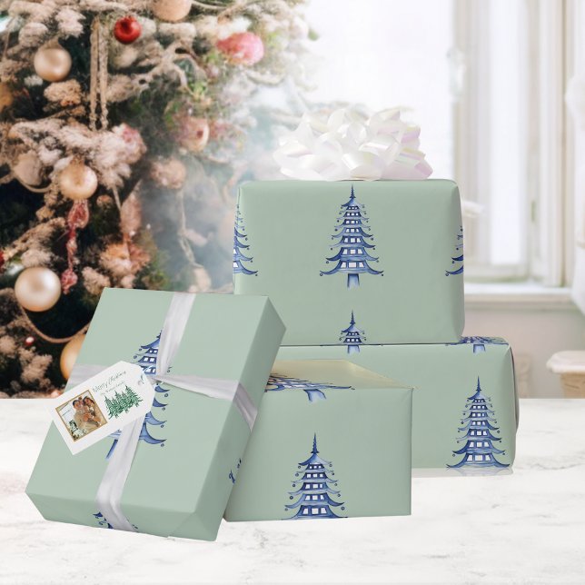 Sage Blue Pagoda Julgran Mönster Wrapping Presentpapper (Sage Blue Pagoda Christmas Tree Pattern Wrapping Wrapping Paper)