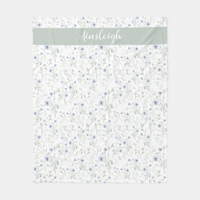 Sage Blue Watercolor Wildflower Monogram Name Fleecefilt (Framsidan)